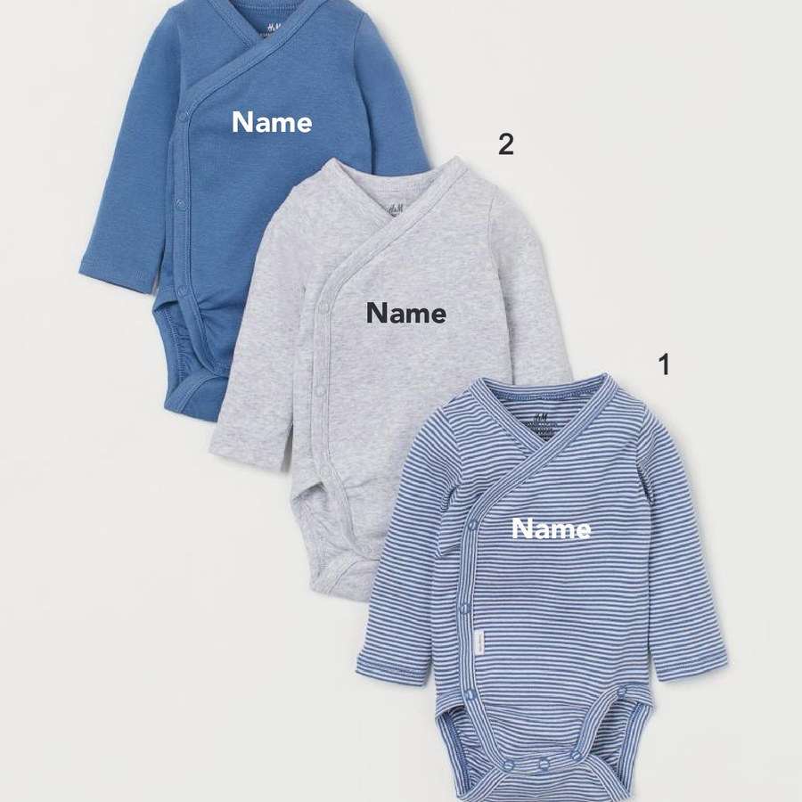 Custom Name on H&M 3-pack long-sleeved bodysuits (0-9mths) - Blue White/Striped