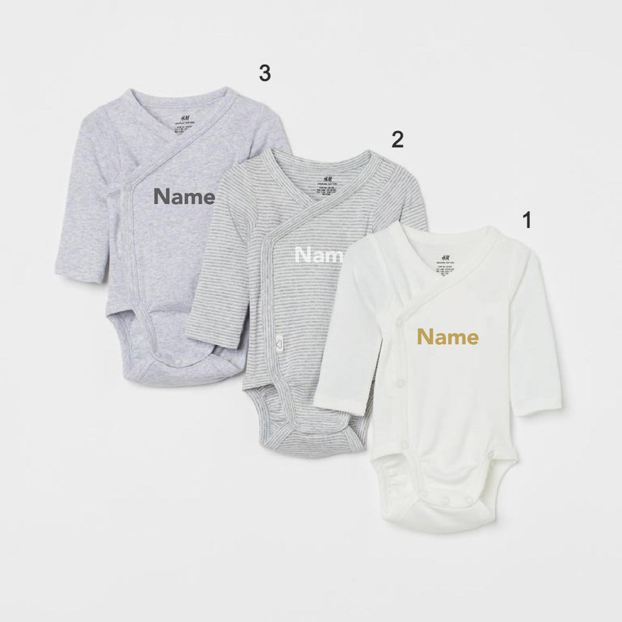 Custom Name on H&M 3-pack long-sleeved bodysuits (0-9mths) - White Grey/Striped